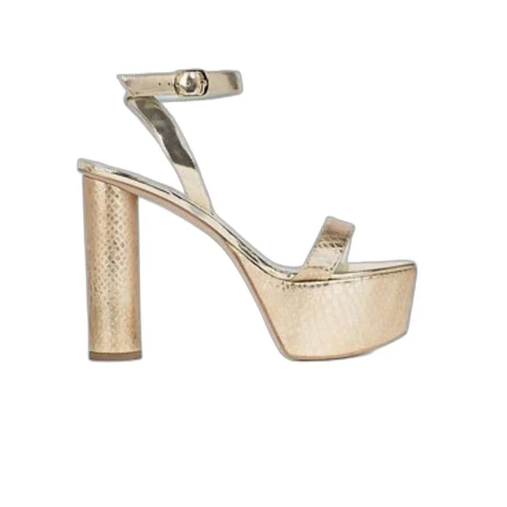 Aera Bianca Platform Block Heel Sandal Gold Python-Effect 8.5 Dust Bag/Box $395